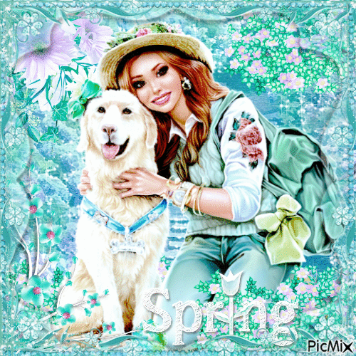 Spring woman with dog - Teal/turquoise tones - GIF animé gratuit