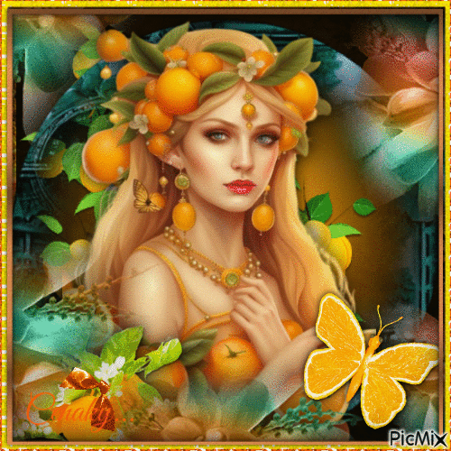 Femme avec des oranges et une touche de bleu - Безплатен анимиран GIF