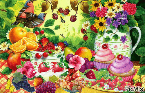 A FRUITY BREAKFAST WITH CUPCAKES, FLOWERS, BIRDS, BUTTERFLIES AND LOTS OF SPARKLES. - GIF animé gratuit