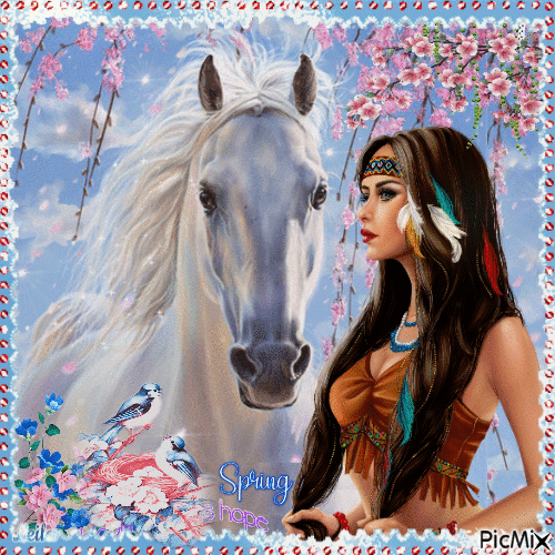 Spring hope. Horse, Native American woman - Gratis animerad GIF