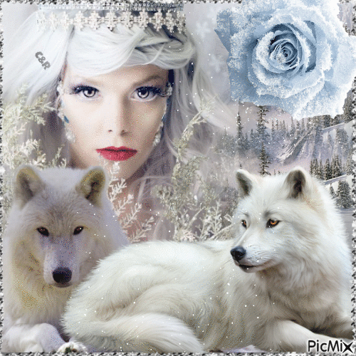 Portrait de femme et ses loups en hiver - GIF animé gratuit