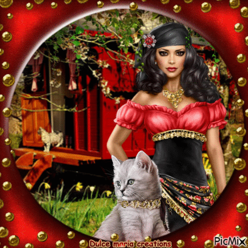 Gypsy and her cat - Free animated GIF