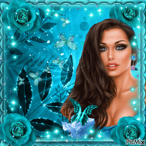 brunette woman in turquoise - Gratis animerad GIF