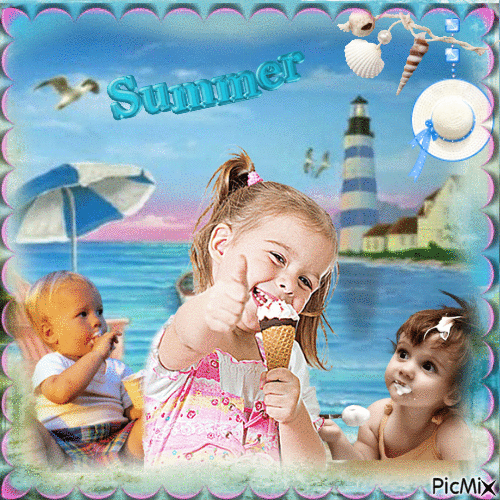 Kinder mit Eis am Strand - GIF animé gratuit
