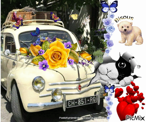 voiture fleurie - GIF animasi gratis