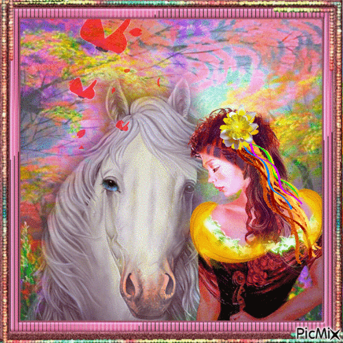 Femme et son cheval au printemps - GIF animé gratuit