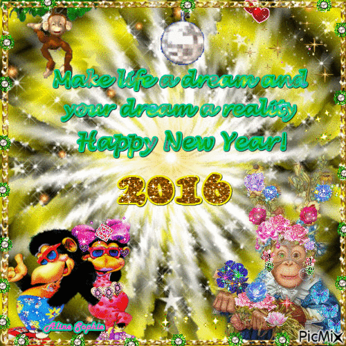 HAPPY NEW YEAR 2016-THE YEAR OF THE MONKEY BY ALINE SOPHIE - Animovaný GIF zadarmo