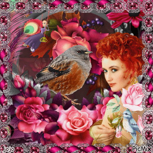 l oiseau et la jolie femme rousse - GIF animado grátis