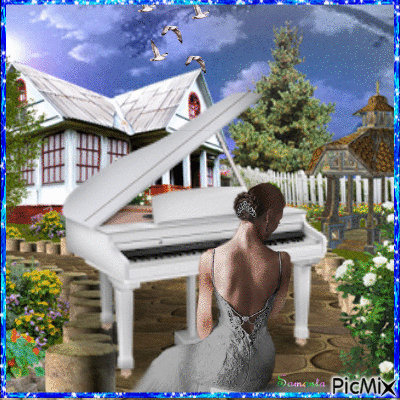 Femme avec un piano et des oiseaux - Ilmainen animoitu GIF