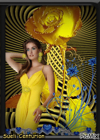 Mulher em amarelo azul e preto - Gratis geanimeerde GIF
