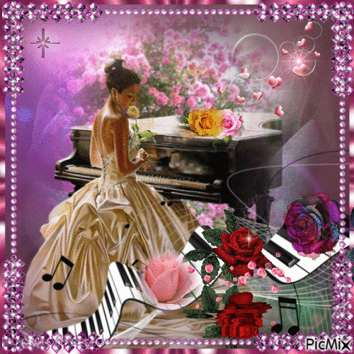 piano avec roses - GIF animé gratuit
