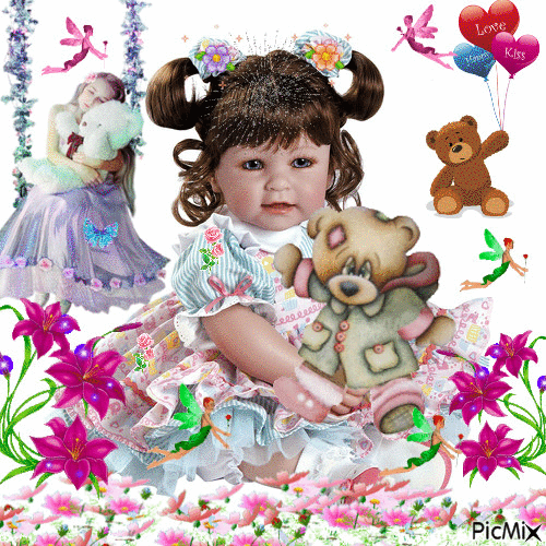 A LITTLE GIRL LIKES HER TEDDY BEARS, FLOWERS, SPARKLES, TINKER BELL IS FLUTTERING AROUND. SHE I SLEEPING, AND EVERYONE IS PLAYING. - Zdarma animovaný GIF