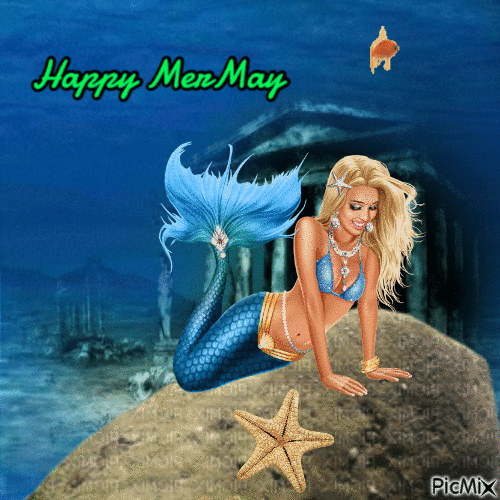 Mermaid with starfish and fish - Free animated GIF