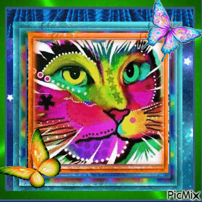 watercolor cat with butterfly - GIF animasi gratis