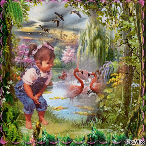 petite fille et les flamants roses - GIF animado grátis