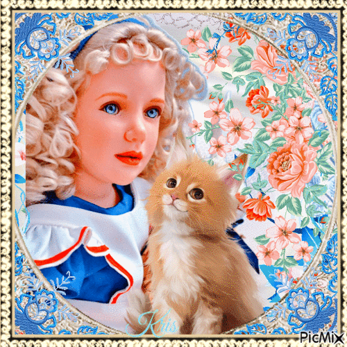 Petite fille et son chat - Free animated GIF