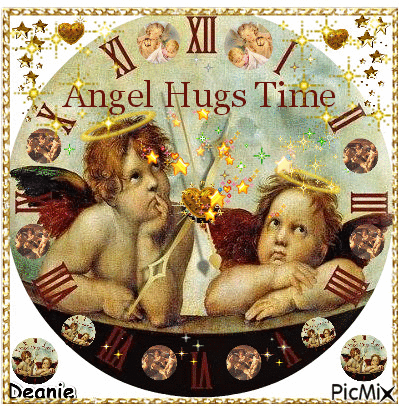 Angel twins in clock saying: Angel Hugs Time - Free animated GIF