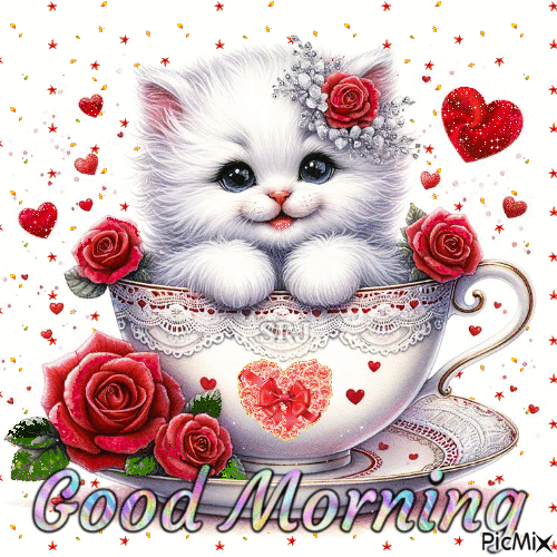 Good Morning Kitten in Tea cup - Бесплатни анимирани ГИФ