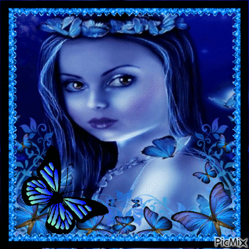 blue girl and butterfly - Gratis geanimeerde GIF