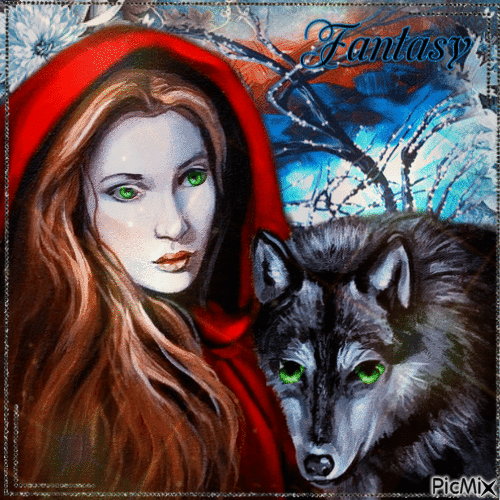 Frau und Wolf mit grünen Augen - Fantasie - Δωρεάν κινούμενο GIF