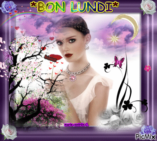 Belle femme-Fleurs-Mauve Jaune / Bon Lundi. - Free animated GIF