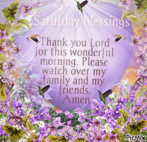 A SATURDAY BLESSING, IN A PURPLE HEART, BORDERED WITH PURPLE FLOWERS, AND HUMMING BIRDS FLUTTERIND - GIF animado gratis