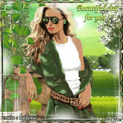 concours : une femme blonde habillée en vert - Δωρεάν κινούμενο GIF