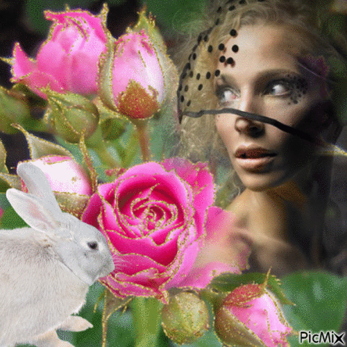 laura flowers girl rabbits - Gratis geanimeerde GIF