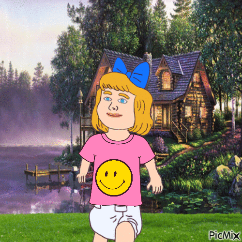 Baby in front of cottage - GIF animé gratuit