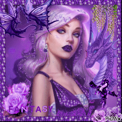 Woman with a dragon fantasy in purple - Free animated GIF