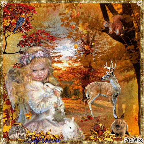 The little Angel in the autumn forest - Бесплатный анимированный гифка