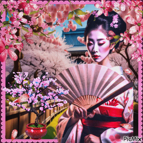 Asiatische Frau mit Sakura und Handfächer - Бесплатный анимированный гифка