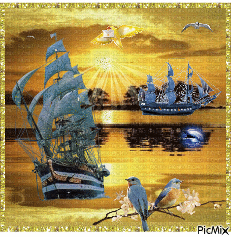 Ships in the sunset. - GIF animasi gratis