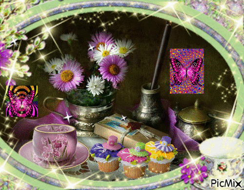 A STILL LIFE BREAKFAST, CUPS AND SAUCERS, FOOD, FLOWERS BUTTERFLIES ON PICTURES, AND SPARKLES. - Zdarma animovaný GIF