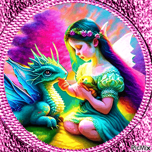 La petite fille et le dragon fantasy - Δωρεάν κινούμενο GIF