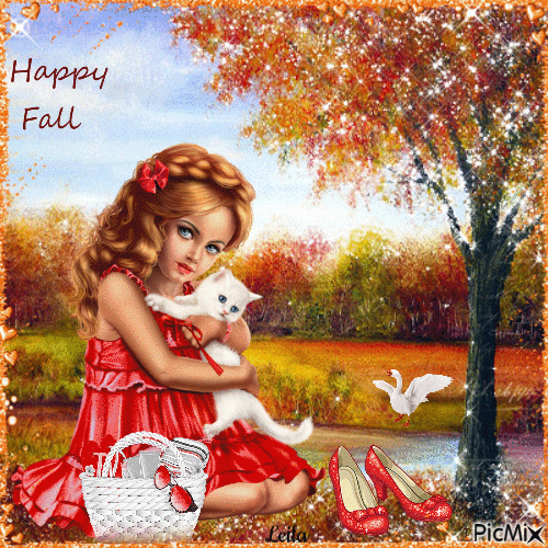 Happy Fall / Autumn. Girl with red shoes - Ingyenes animált GIF