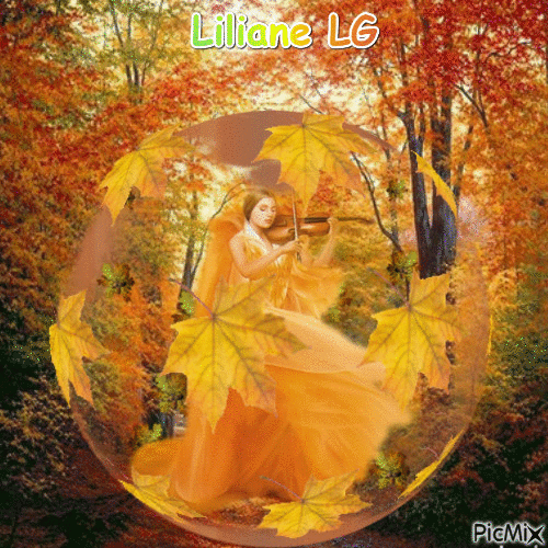 La jeune femme au violon dans une bulle et les feuilles qui tournoient autour - Безплатен анимиран GIF