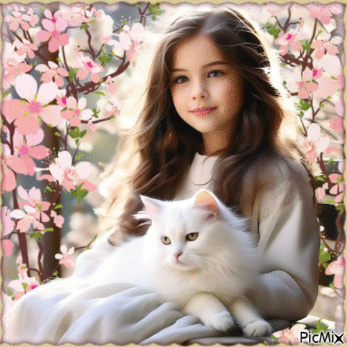 Concours : Petite fille avec un chat blanc - GIF animado grátis