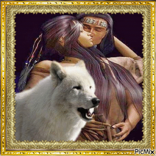 native lovers with wolf - Nemokamas animacinis gif