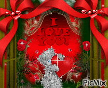red and green, and a gray bear holding a red sparkling heart. a green door coming in to an i love you in red there are a red rose on each side in the greenery, a bow in eavh conor with a heart and little ones coming from it, and a few sparkles. - Bezmaksas animēts GIF