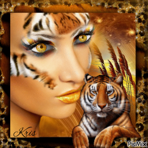 femme et tigre/visage/ 🐯🐯 - GIF animé gratuit