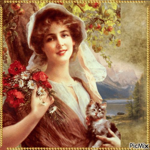Femme vintage avec des fleurs - Gratis animeret GIF