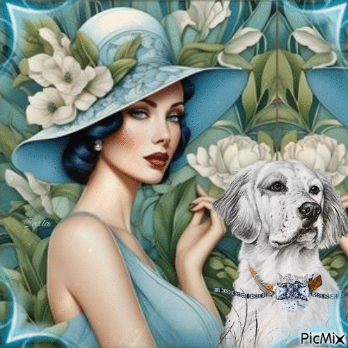 Femme avec un chapeau et son chien, tons bleus - 無料のアニメーション GIF