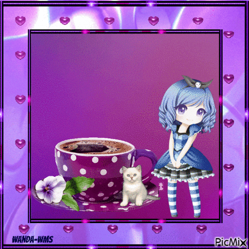 Coffee cat anime girl purple - GIF animado gratis