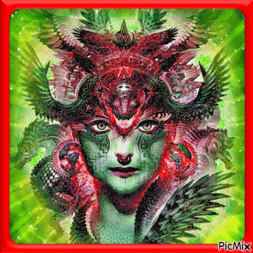 Fantasy Woman in Green and Red - Gratis animeret GIF