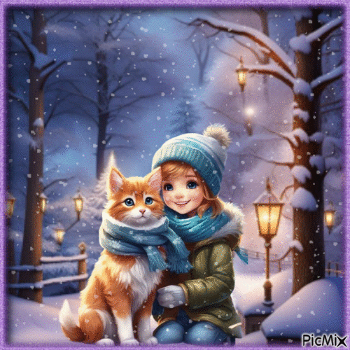 Fillette et son chaton en hiver. - Gratis animerad GIF