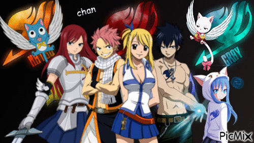 Happy, Erza, Natsu, Lucy, Gray, Wendy, Charla - Fairy Tail - Gratis animeret GIF
