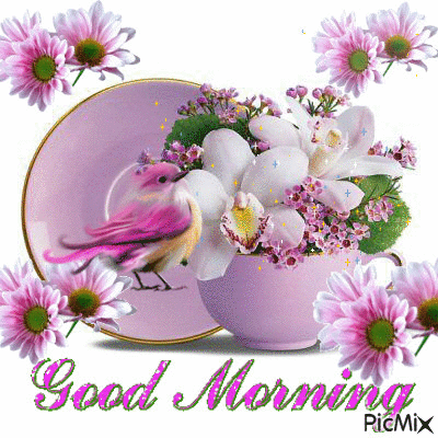 PINK CUP AND SAUCER, FILLED WITH PINK AND WHITE FLOWERS, FLASHING PINK DAISES, A PINK BIRD AND GOOD MORNING IN PINK. - Nemokamas animacinis gif