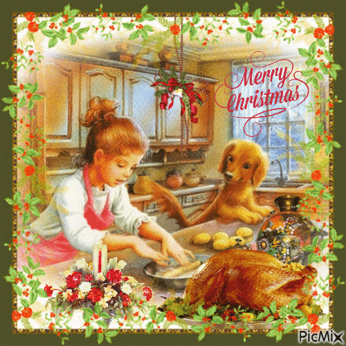 Merry Christmas Little Girl and Doggy in the kitchen - Gratis geanimeerde GIF