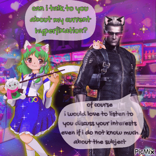 sanae and wesker discuss video games - Бесплатни анимирани ГИФ
